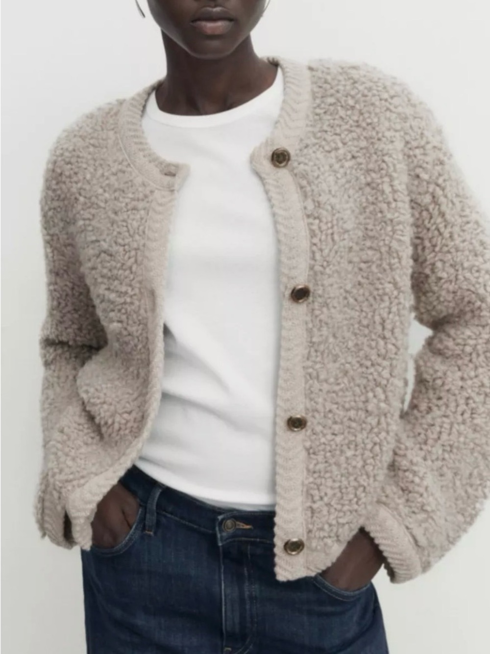 Massimo Dutti Cream Boucle Button Cardigan